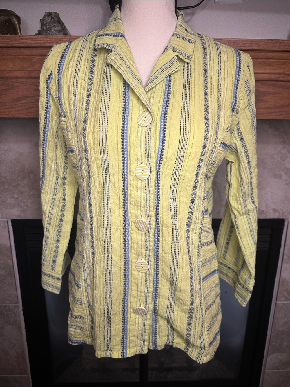 Habitat XS Lime Green Blue Striped Textured Boho Button Front Jacket